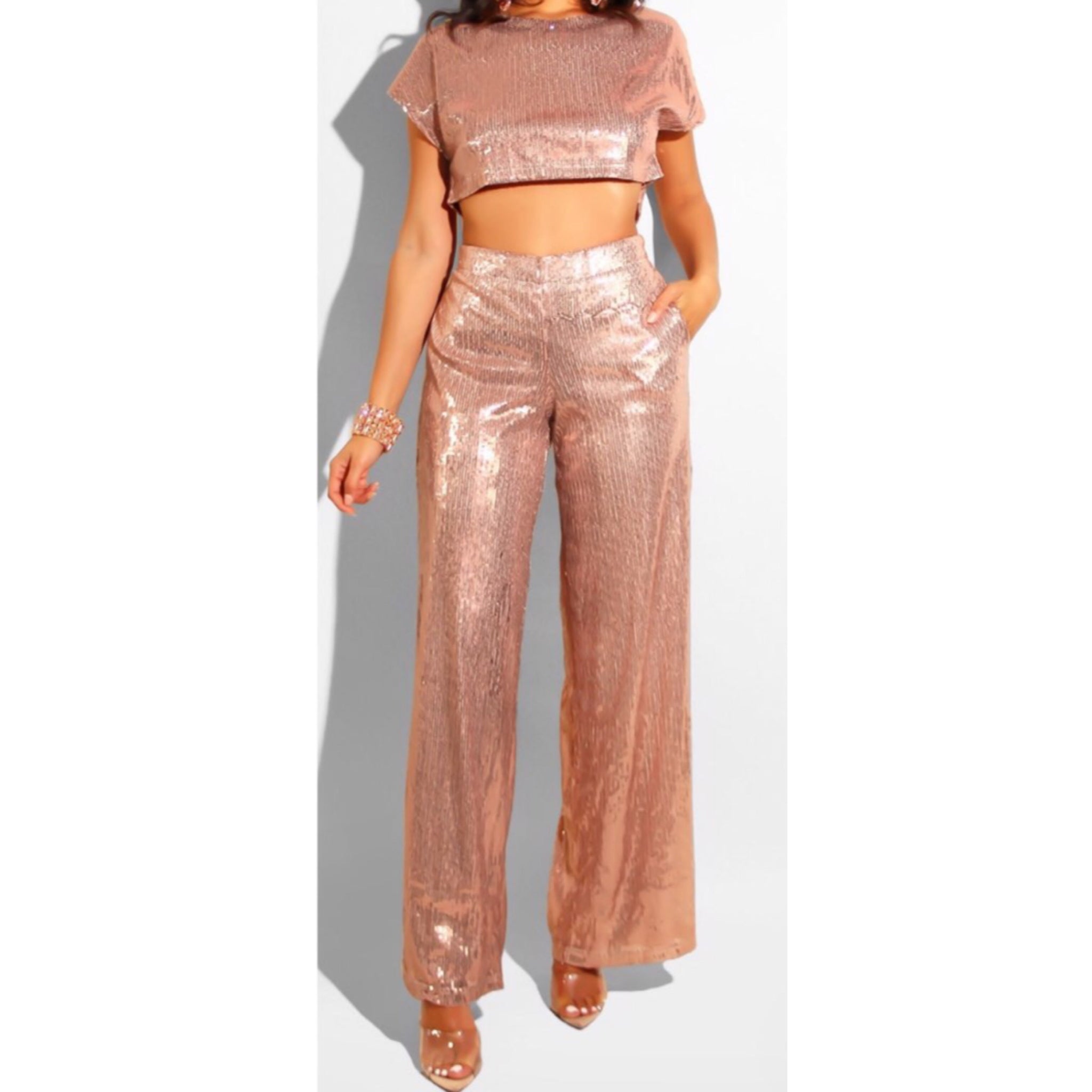 rose gold sequin pants set